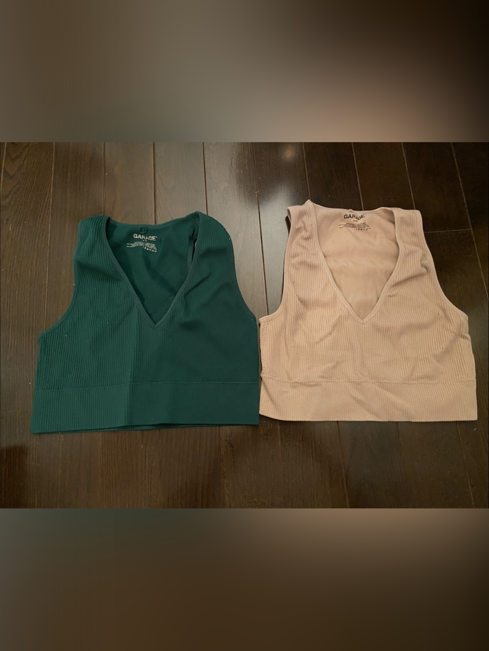 Garage Ribbed V-Neck Crop Tops - Green & Blush